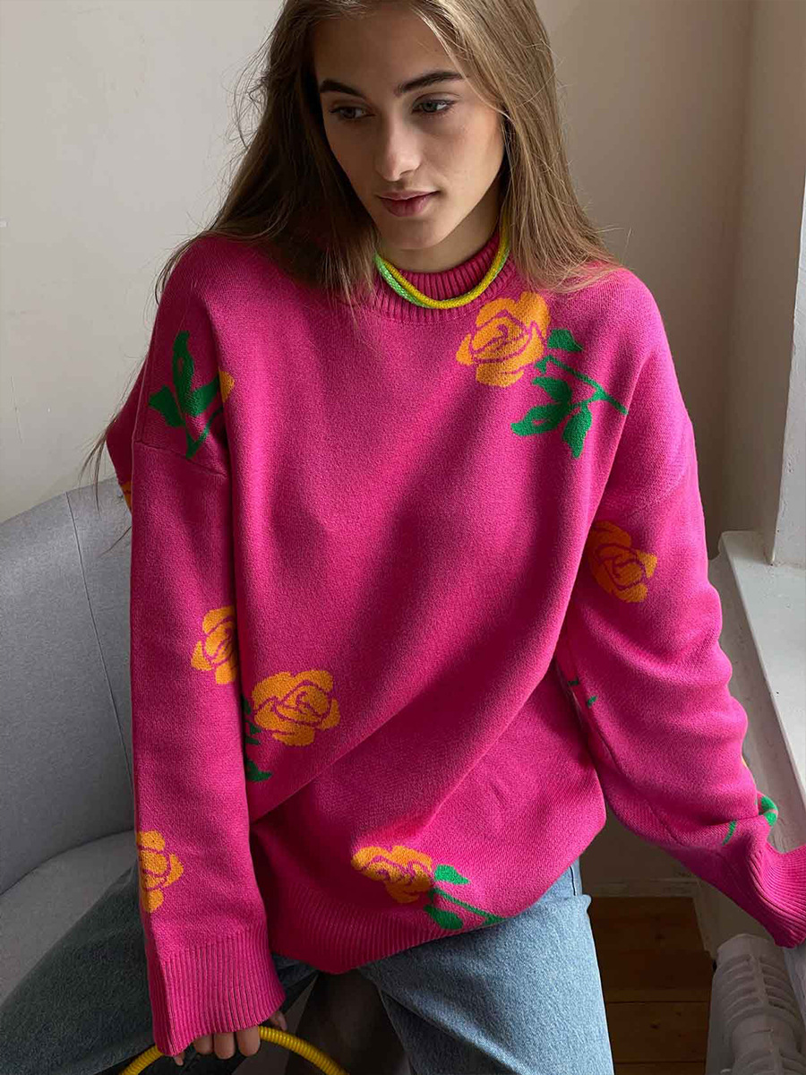 Suéter de cuello redondo transfronterizo Europa y los Estados Unidos 2025, otoño y invierno, nuevo estilo de mujer, suéter de cuello redondo de color rosa suelto