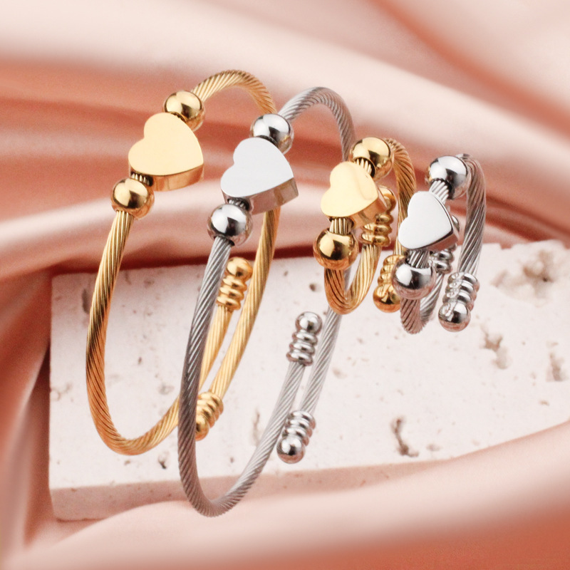 European and American Cross-Border Stainless Steel Wire Braided Heart-Shaped Bracelet Cable Titanium Steel Peach Heart Ring Bracelet Combination Set