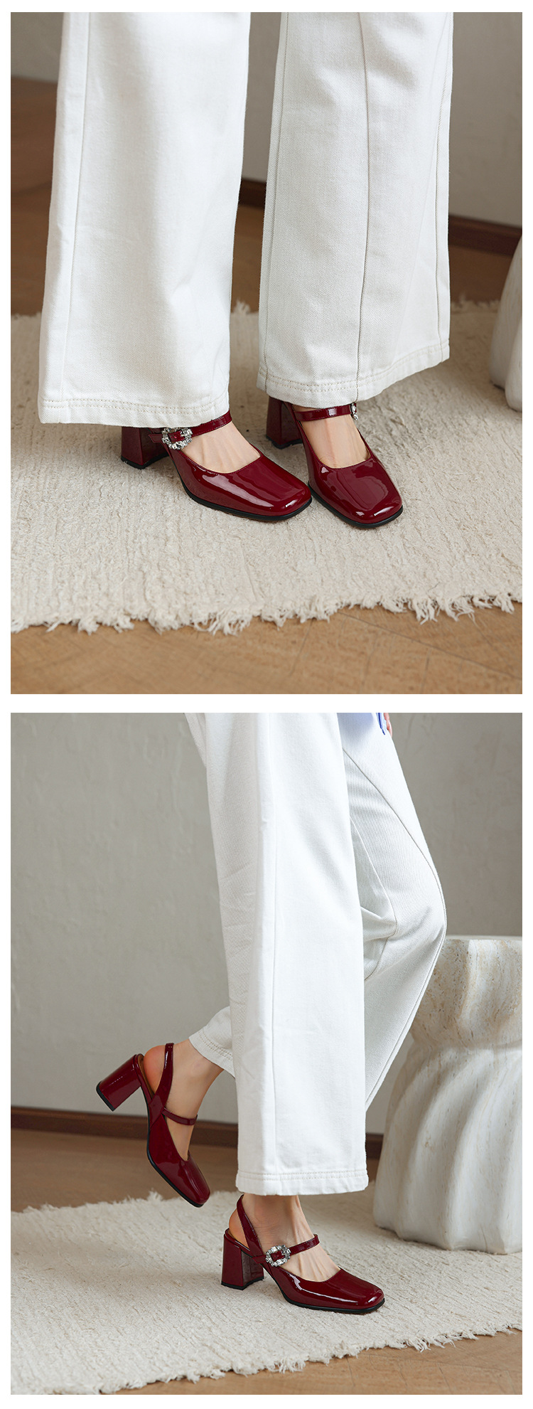 Giày sandal cao gót nữ quai ngang mũi tròn bít, gót 7 cm, phong cách Mary Jane — màu đen, Rượu vang đỏ, màu mơ, bạc chi tiết 21