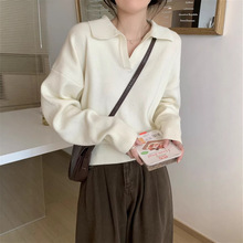 知性风休闲显瘦宽松翻领长袖针织毛衣女秋冬季百搭减龄打底上衣