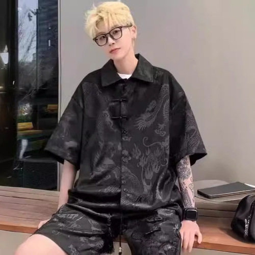 Modern Chinese Men's Fashion: Retro Style Casual Shirt, Summer Short Sleeve, Flowing, Elegant Ice Silk Blouse with Outerwear