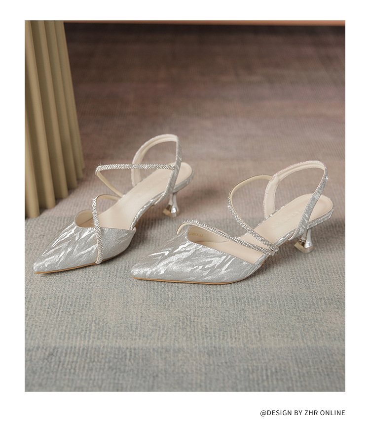 Sandal cao gót nữ mũi nhọn bít mũi đính đá phong cách Pháp — Y781 màu bạc chi tiết 22