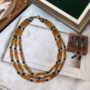 Downton Abbey French Retro High-end Light Luxury Niche Design Black Glass Multi-layer Elegant Long Necklace Set