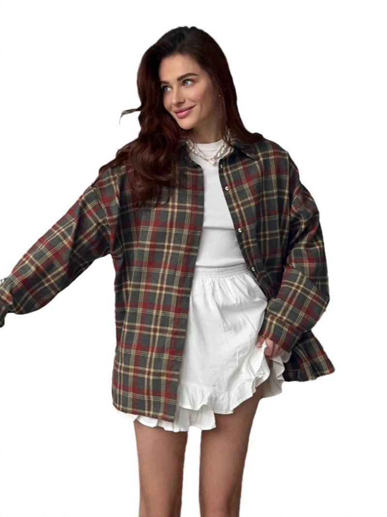 Summer New Plaid Retro Style Versatile Casual Lapel Long-Sleeved Cardigan Shirt European and American Polyester-Cotton Export Shirt for Women