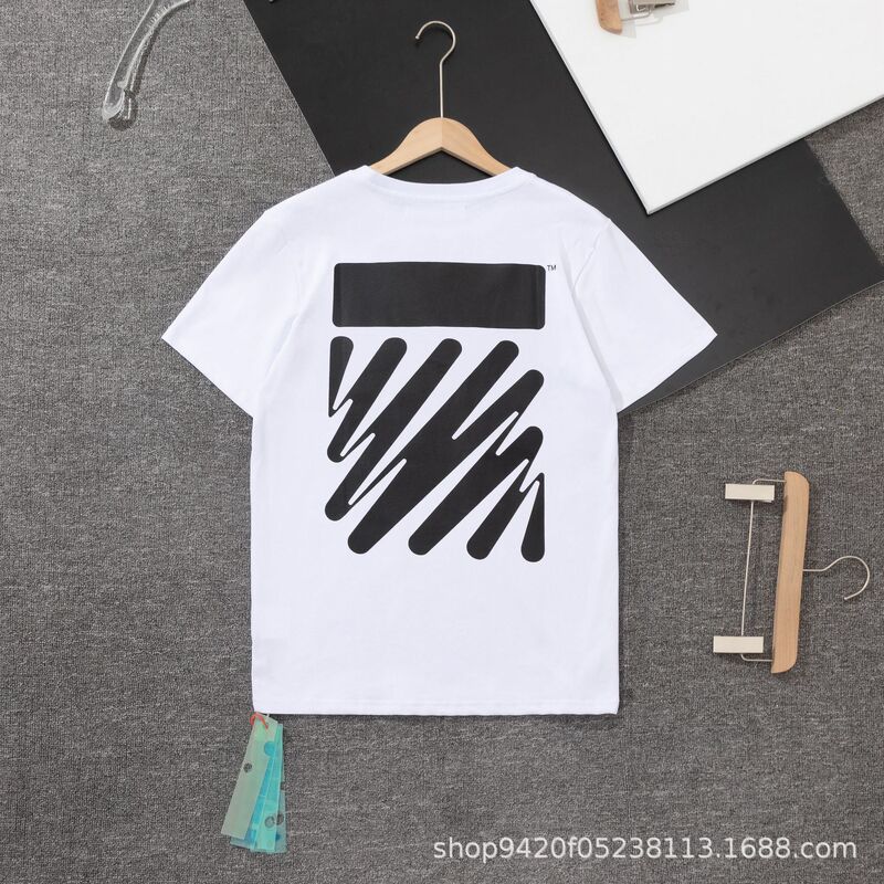 2023 Spring and Summer New Ow Off White Back Wavy Stripesd Printed Round Neck Pullover Short-Sleeved Men's and Women's T-Shirts