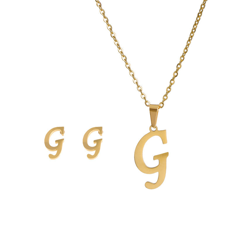 New stainless steel 26 letter female necklace earring set, fashionable and atmospheric, summer non fading accessories_voghion.com