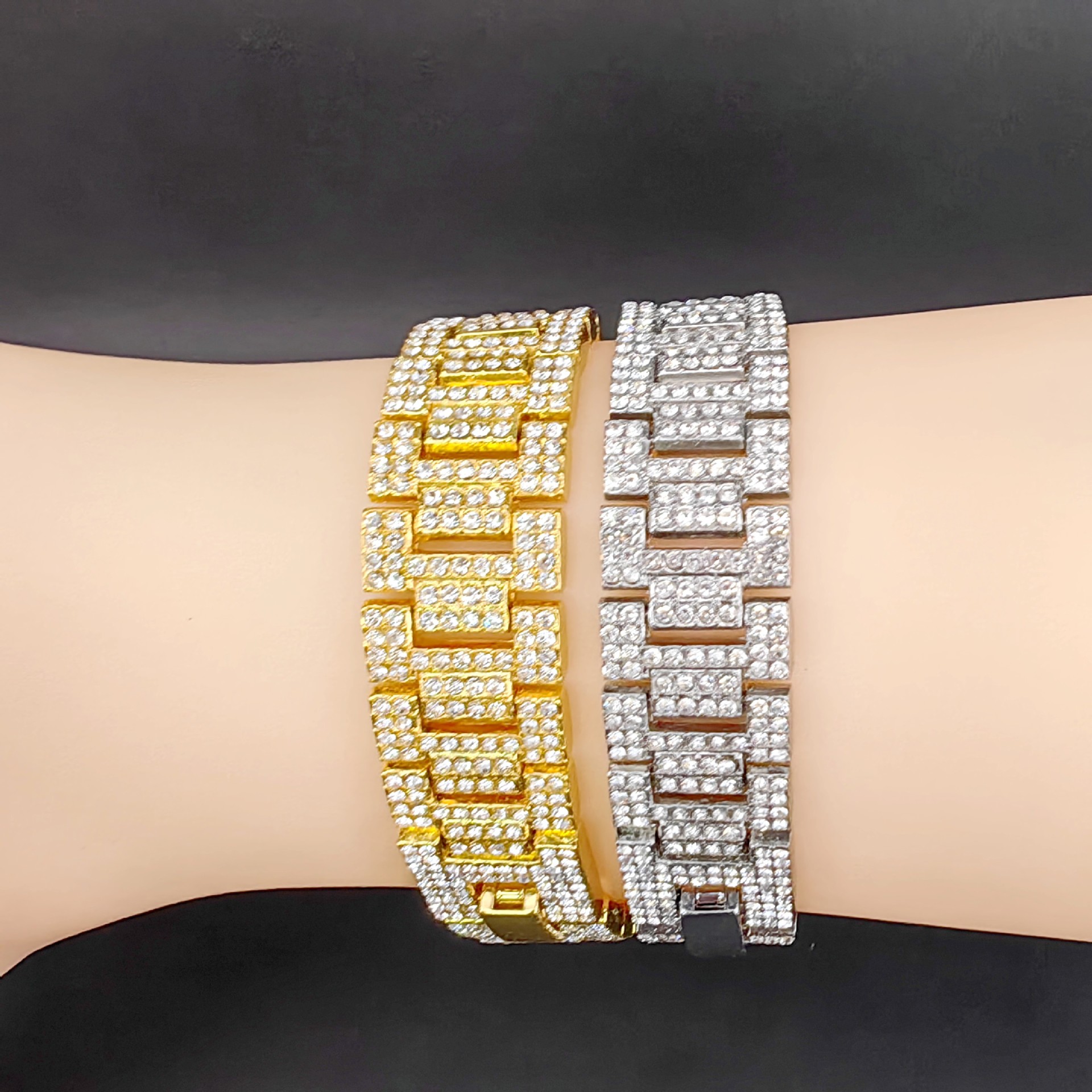 Hip hop style design 17mm wide diamond inlaid watch alloy Cuban bracelet ankle chain jewelry_voghion.com