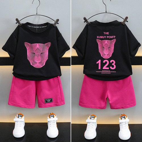 Boys summer cartoon printed T-shirt five-piece pants two-piece set 2023 new style handsome casual suit for small and medium-sized children