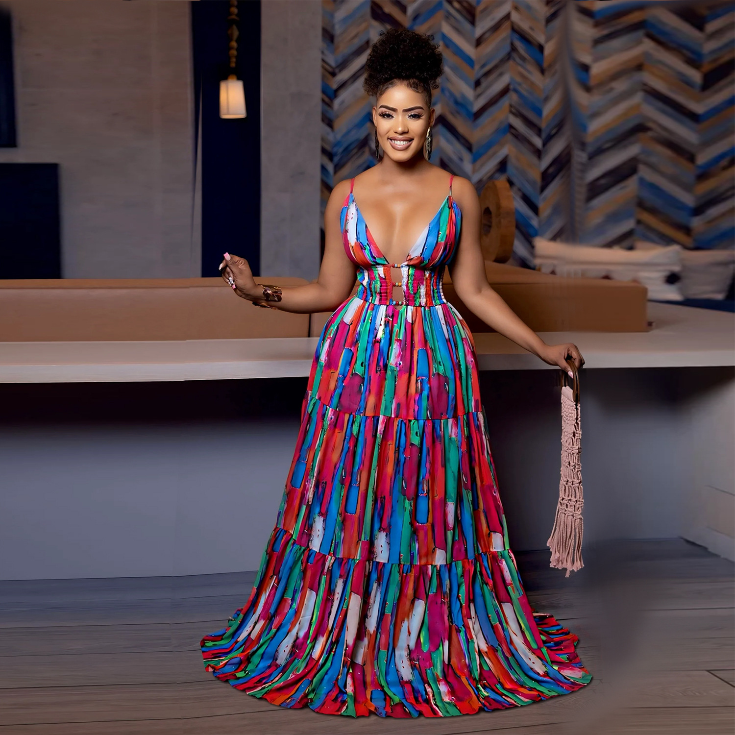 C7377 Cross-border AliExpress Amazon Vestido de color estampado sin espalda con tirantes sexy para mujer de moda europea y americana image 3
