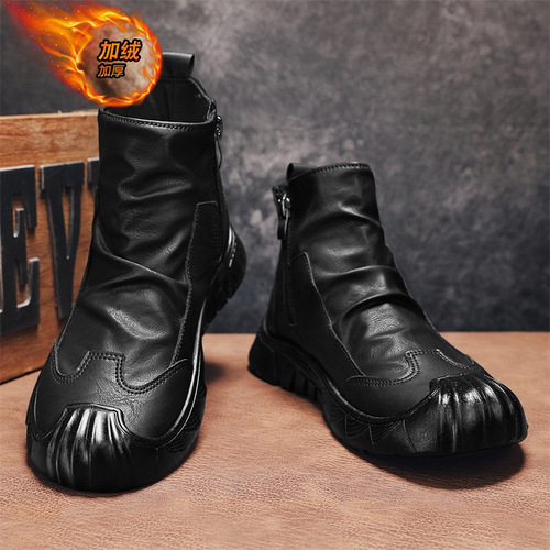 Men's Fall Retro British Leisure Mid-Top Leather Shoes Black Motorcycle Side Zip High-Top Work Boots