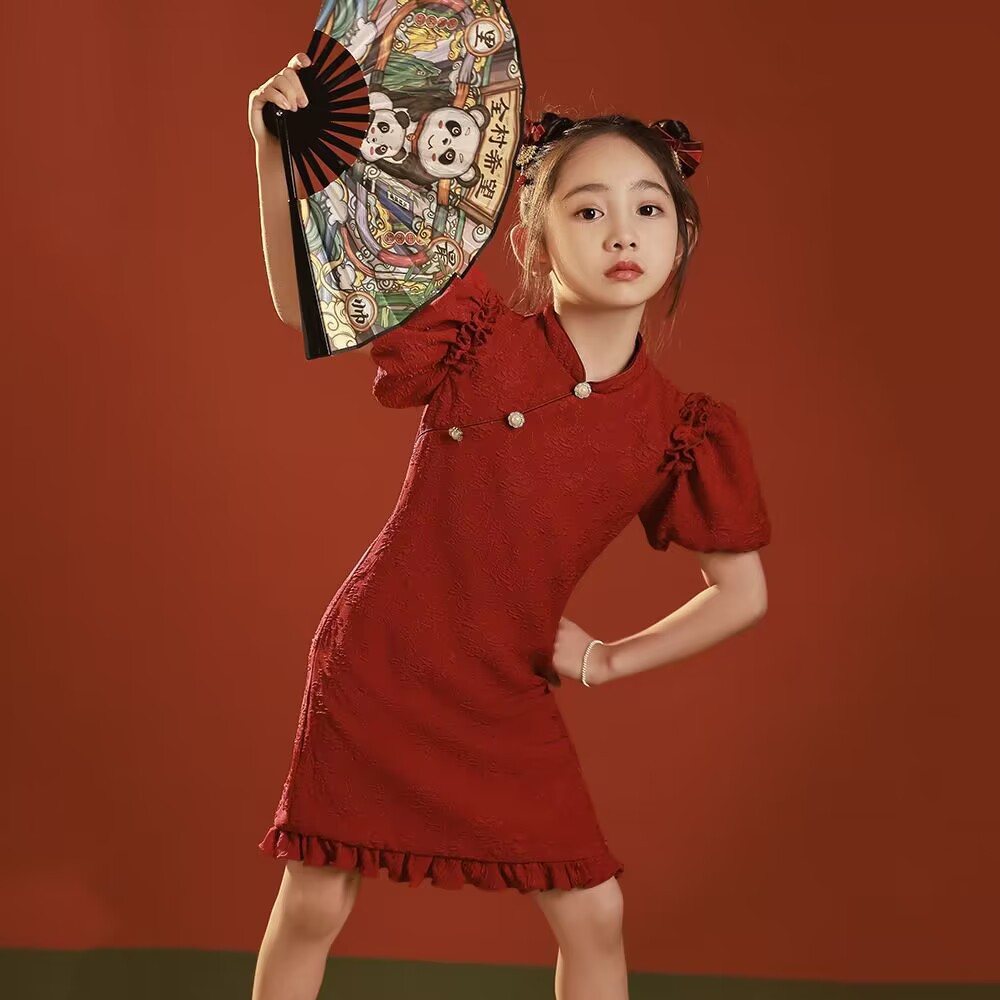 女童旗袍夏装复古公主裙新款中国风红色儿童连衣裙夏季女孩表演裙