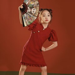 Girls' cheongsam summer retro princess dress new Chinese style red children's dress summer girl performance dress