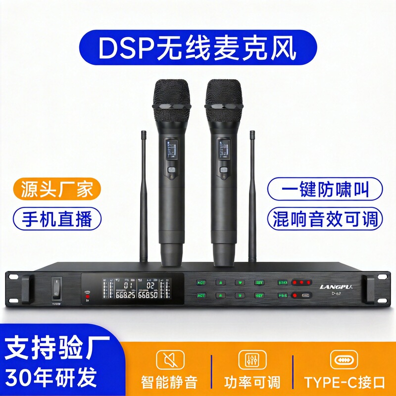 Dsp Reverb Wireless Microphone with One-Touch Anti-Howling, Professional Stage Live Singing Ktv Performance-Grade Handheld Microphone