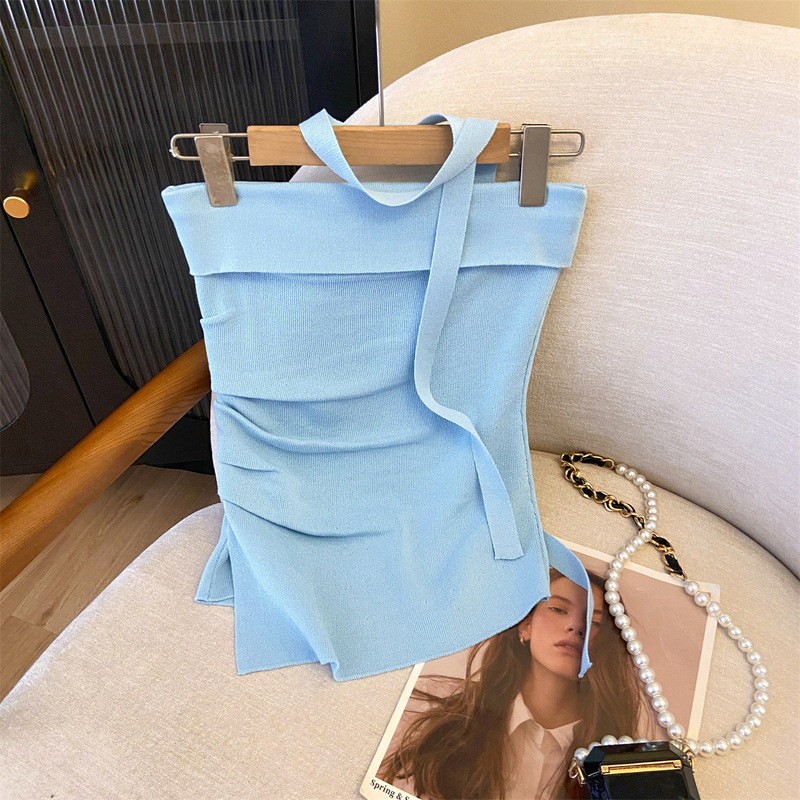 French Sweet and Spicy Style One-Shoulder Sweater for Women in Summer Pure Desire Irregular Sleeveless Tube Top Pleated Off-Shoulder Top for Women