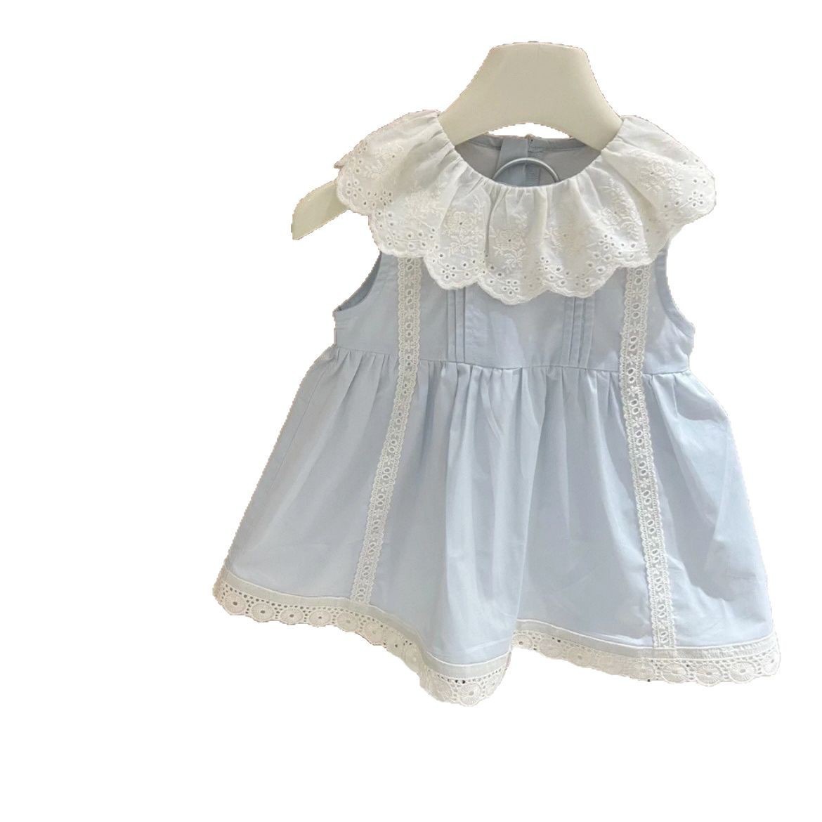 Verano nuevo estilo vestido de niña vestido de muñeca con cuello de encaje azul vestido de bebé estilo occidental vestido de princesa