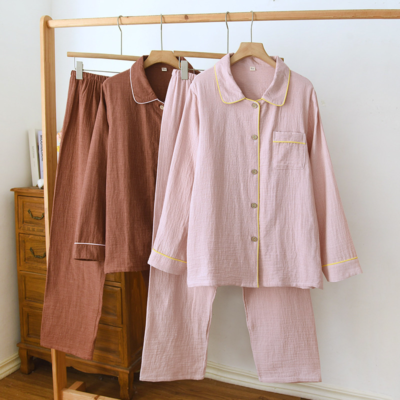 Cotton Double-layer Yarn Thin Skin-sticking Comfortable Home Wear Women's Long-sleeved Trousers Solid Color Simple Loose Edition