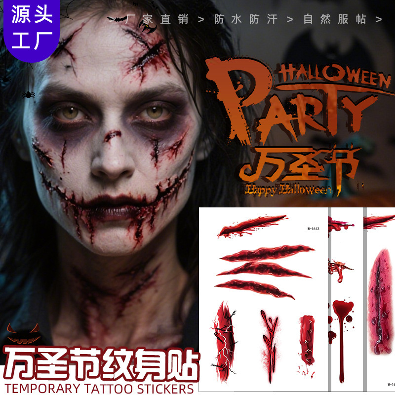 Cross-Border Halloween Tattoo Stickers Waterproof Scar Tattoo Stickers Wound Scar Face Disposable Temporary Tattoo Stickers