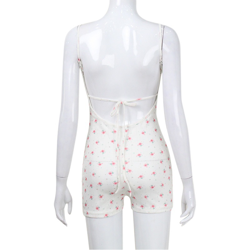 Ropa de mujer europea y americana nueva sexy Sling mono sin espalda Correa caliente chica moda floral impresión de una sola pieza pantalones cortos para mujeres