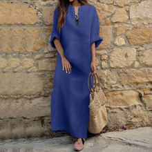 亚马逊外贸跨境女装新款V领棉麻连衣裙 宽松休闲圆领大口袋长裙