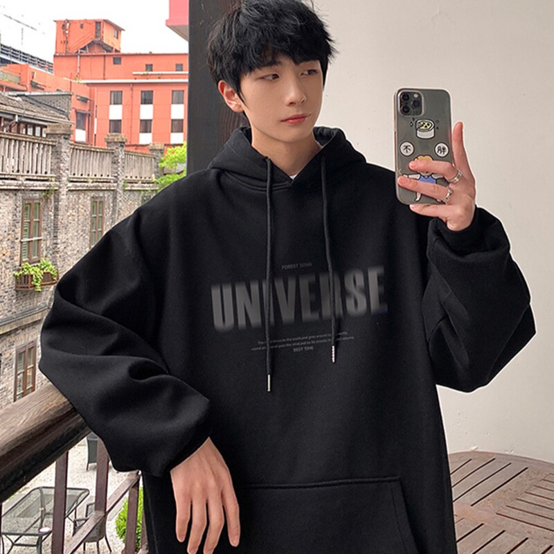 American Hooded Sweatshirt Men's Autumn and Winter Loose Design Simple fleece-lined Thickened Fuzzy Letter Printed Trendy Brand Jacket
