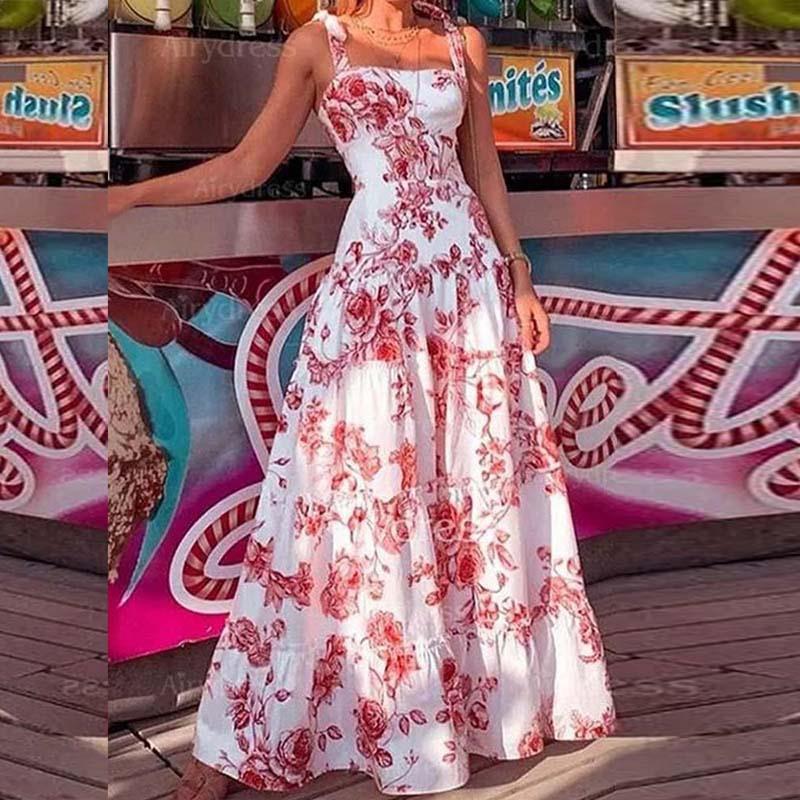 Frau Swing-kleid Lässig Quadratischer Hals Drucken Ärmellos Blume Maxi Langes Kleid Ferien display picture 4