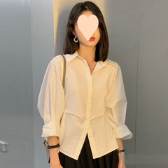 2025秋裝新款 小眾設計感收腰捏褶襯衫女夏季白色寬鬆上衣