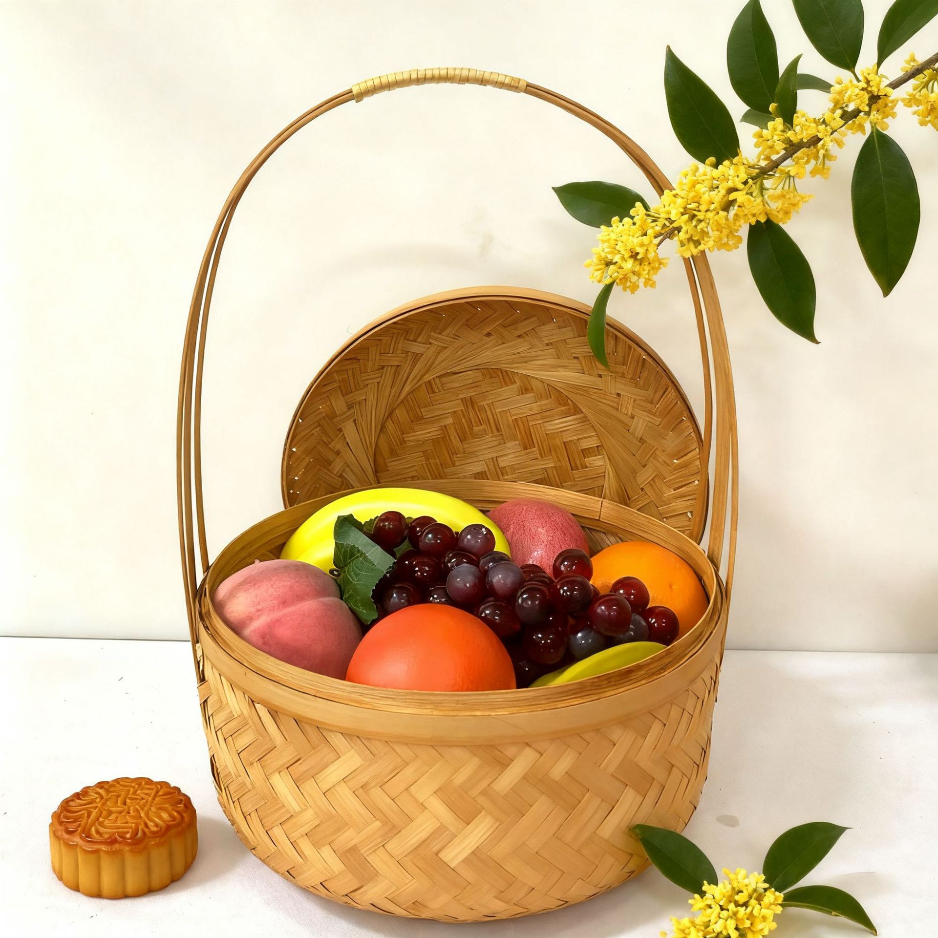 Cesta de Regalo de Bambú Grande con Tapa para Pasteles de Luna y Té