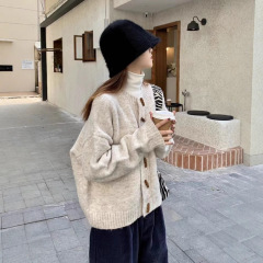 休闲慵懒风牛角扣毛衣圆领开衫春秋季新款外搭宽松针织长袖外套女