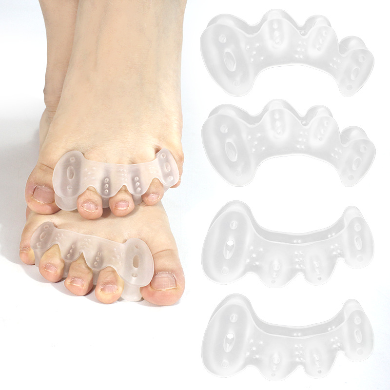 Three-hole toe separator, silicone toe separator, bunion, hallux valgus, overlapping toe separator, big toe and little toe separation.