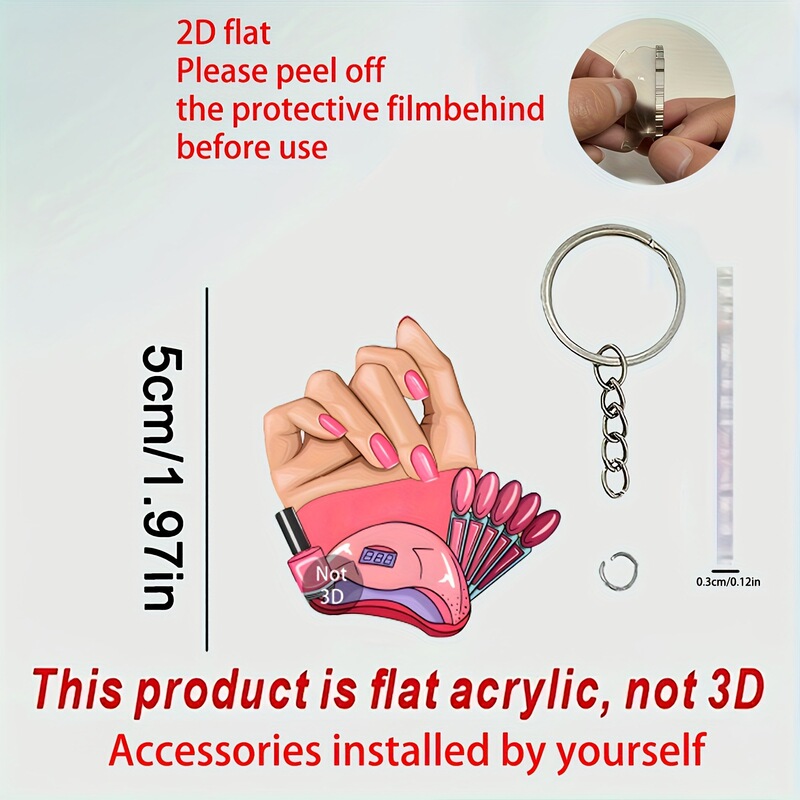 2D Flat Acrylic Nail Art Keychain - Elegant Pink Nail Design with Nail Polish Bottle Design, Auto 2D Flat Acrylic Nail Art Keychain - Elegant Pink Nail Design with Nail Polish Bottle Design, Auto