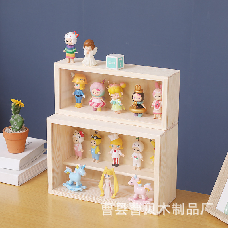 木質泡泡公仔展示盒木質手辦展示架挂牆開門式盲盒收納盒展示櫃