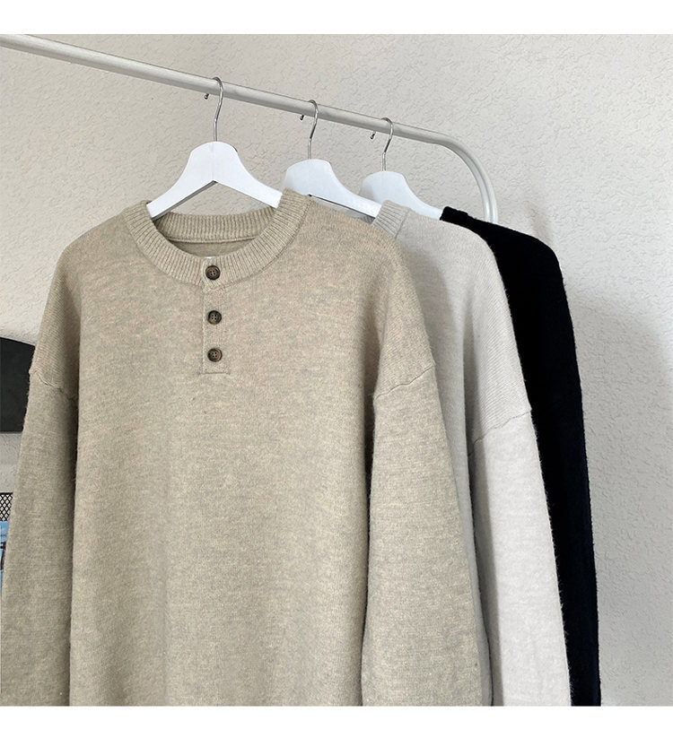 Cleanfit Henley Knit Sweater – Heavyweight Relaxed Pullover With Ribbed Hem_voghion.com