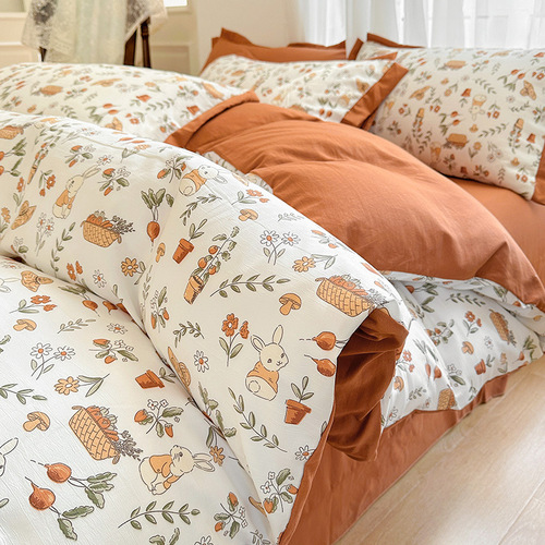 ins Feng washed cotton four-piece set summer double-layer yarn four-piece set non-cotton pure cotton bed sheet quilt cover bed sheet wholesale