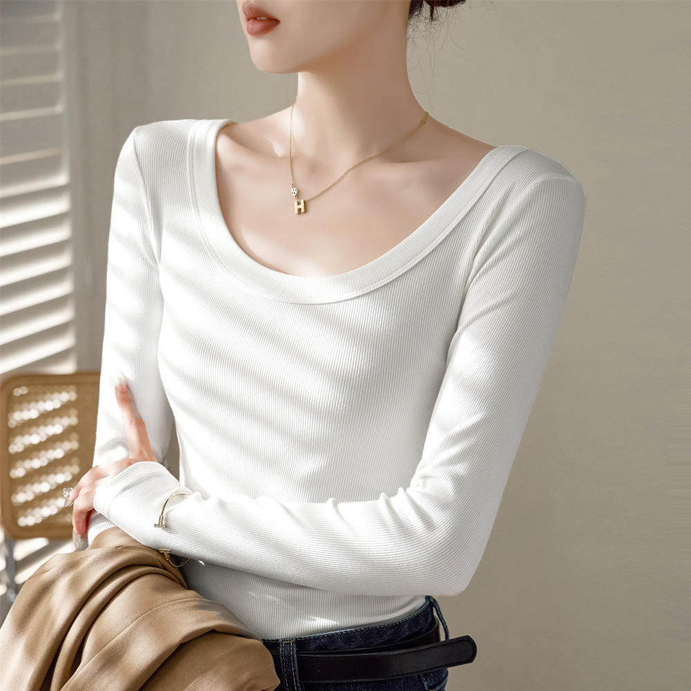 No Need to Worry about Price Comparison, Premium Cotton Ribbed U-Neck Long-Sleeve T-Shirt for Women, 2026 Autumn and Winter New Slim-Fit Slimming Top, Base Layer Shirt, Korean Style