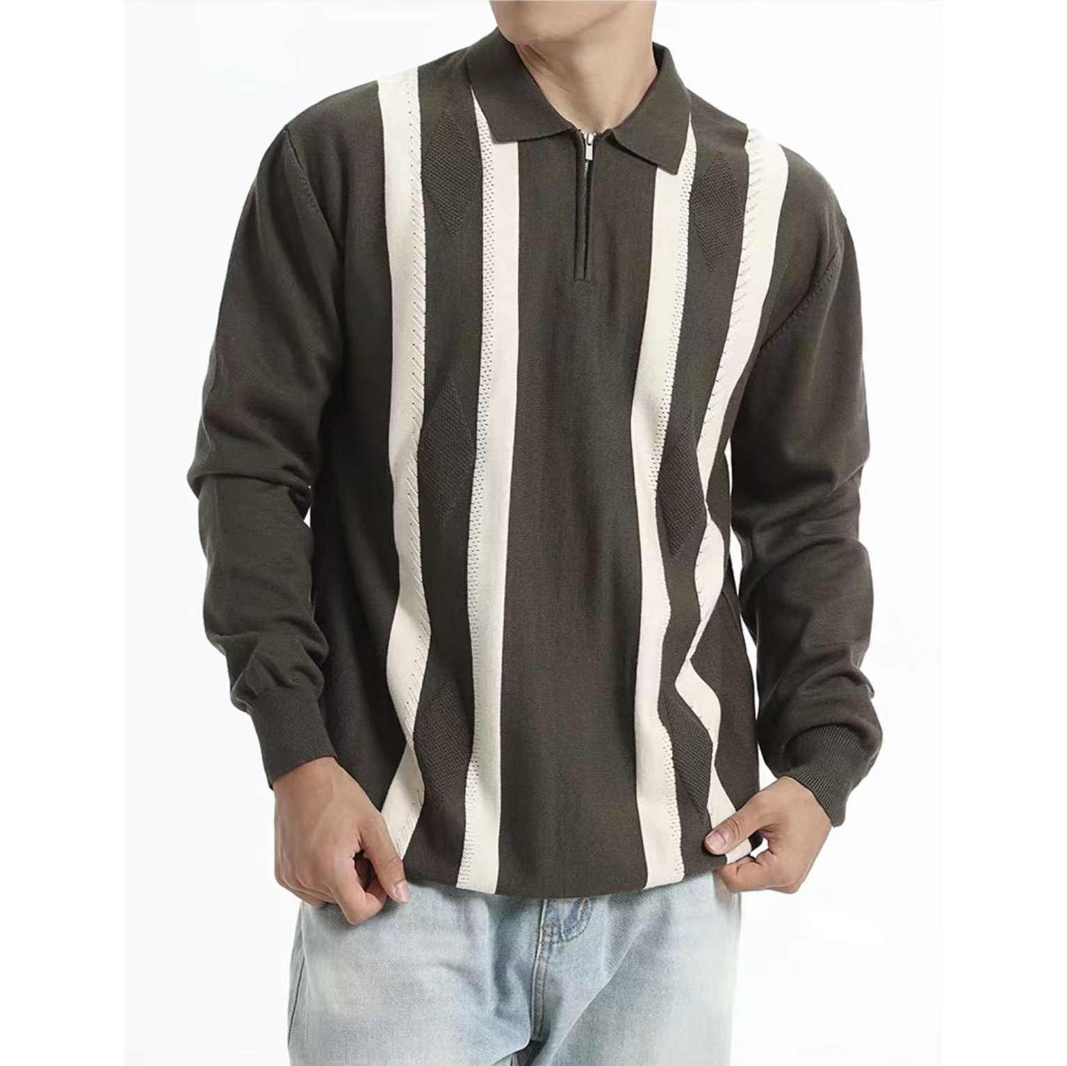 Polo camisa de punto camisa de manga larga suéter hombre solapa media cremallera vieja primavera y otoño rayas fábrica transfronteriza al por mayor