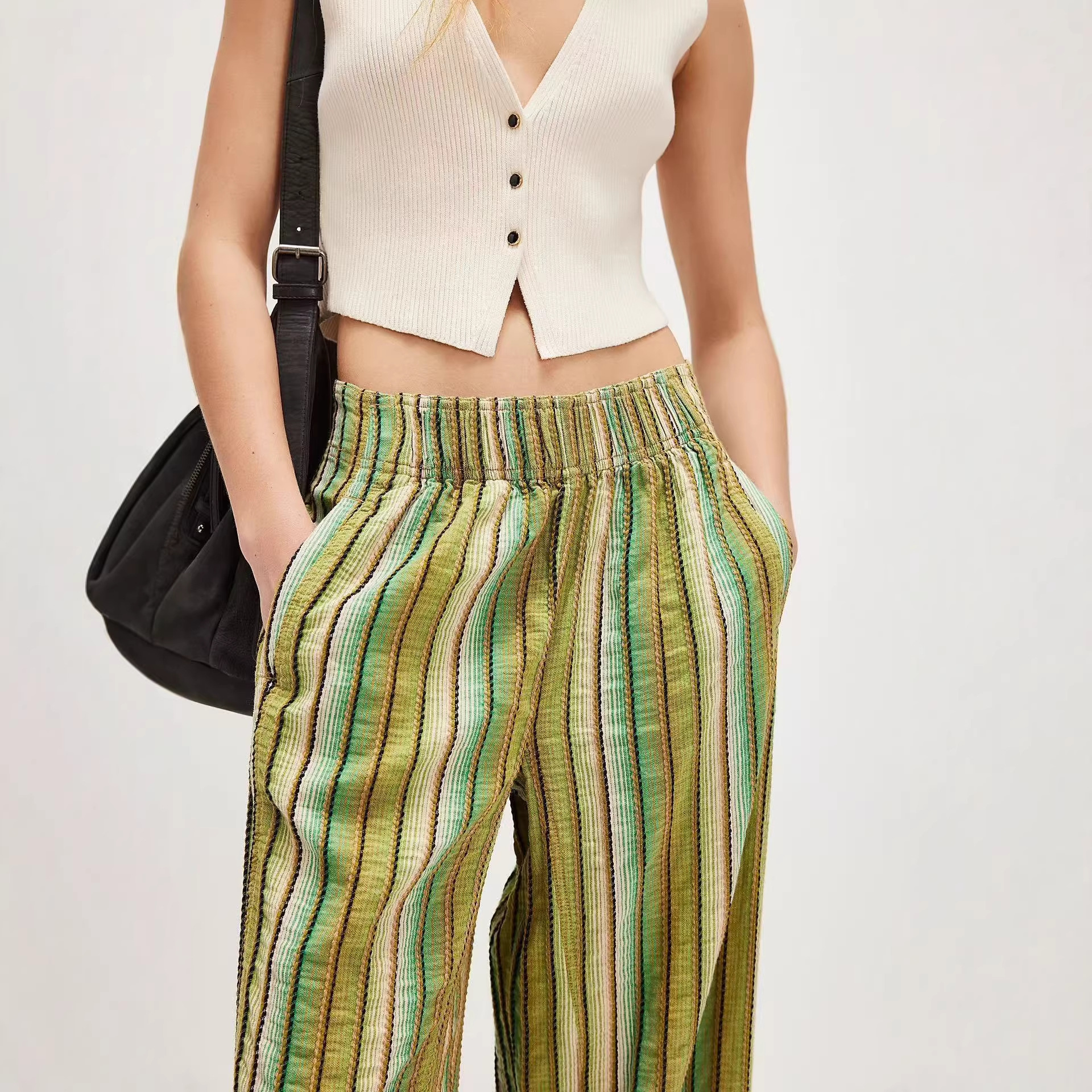 2026 Europa y los Estados Unidos transfronterizos MONA rayas pantalones de piernas anchas para mujeres primavera y otoño nuevos pantalones casuales de cintura alta y delgados para mujeres image 3