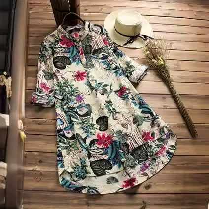 Трансграничный большой размер женская льняная рубашка средней и длинной прикладом повседневный цветочный принт топ женский