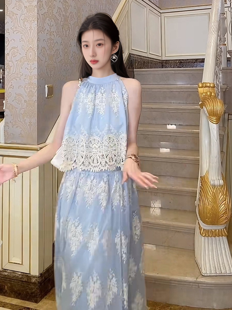 Set áo váy nữ phong cách Trung Hoa mới thêu rỗng, eo cao mùa hè ZX N5038 — Áo, Váy nửa