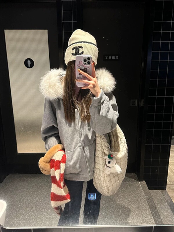 大毛领连帽卫衣加绒加厚外套女装2025秋冬季宽松慵懒短款休闲上衣|undefined
