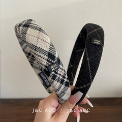 min金典復古學院風發箍黑灰格紋頭箍高顱頂發卡氣質時尚壓發頭飾