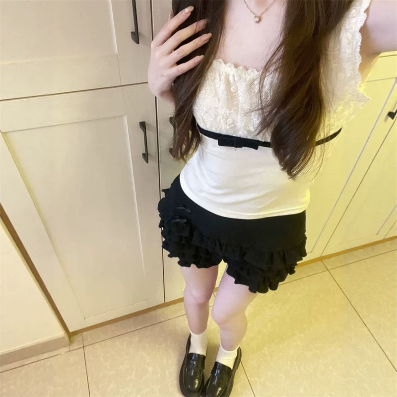 Korean-Style Lace Patchwork Bow Short-Sleeve T-Shirt for Women, Summer Slim-Fit Puff Sleeve Square Neck Top