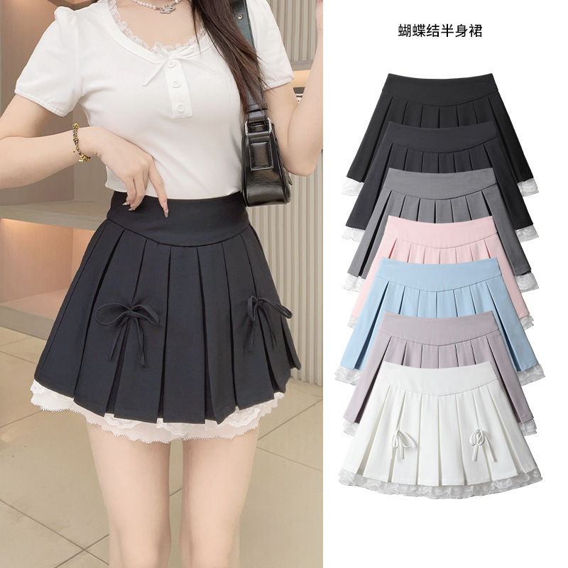 Xiangmei Design Niche Black Pleated Skirt Hip-Covering Bow A-Line Skirt Preppy Style Skirt
