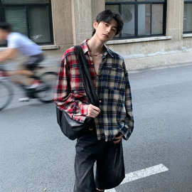 蓝红色格子衬衫男款春秋季潮牌美式复古格纹衬衣拼接撞色上衣外套