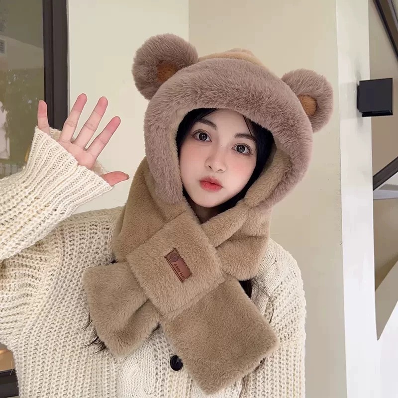 秋冬季围巾一体女加厚毛绒绒狐狸耳朵防寒保暖防风护颈显脸小帽子|undefined