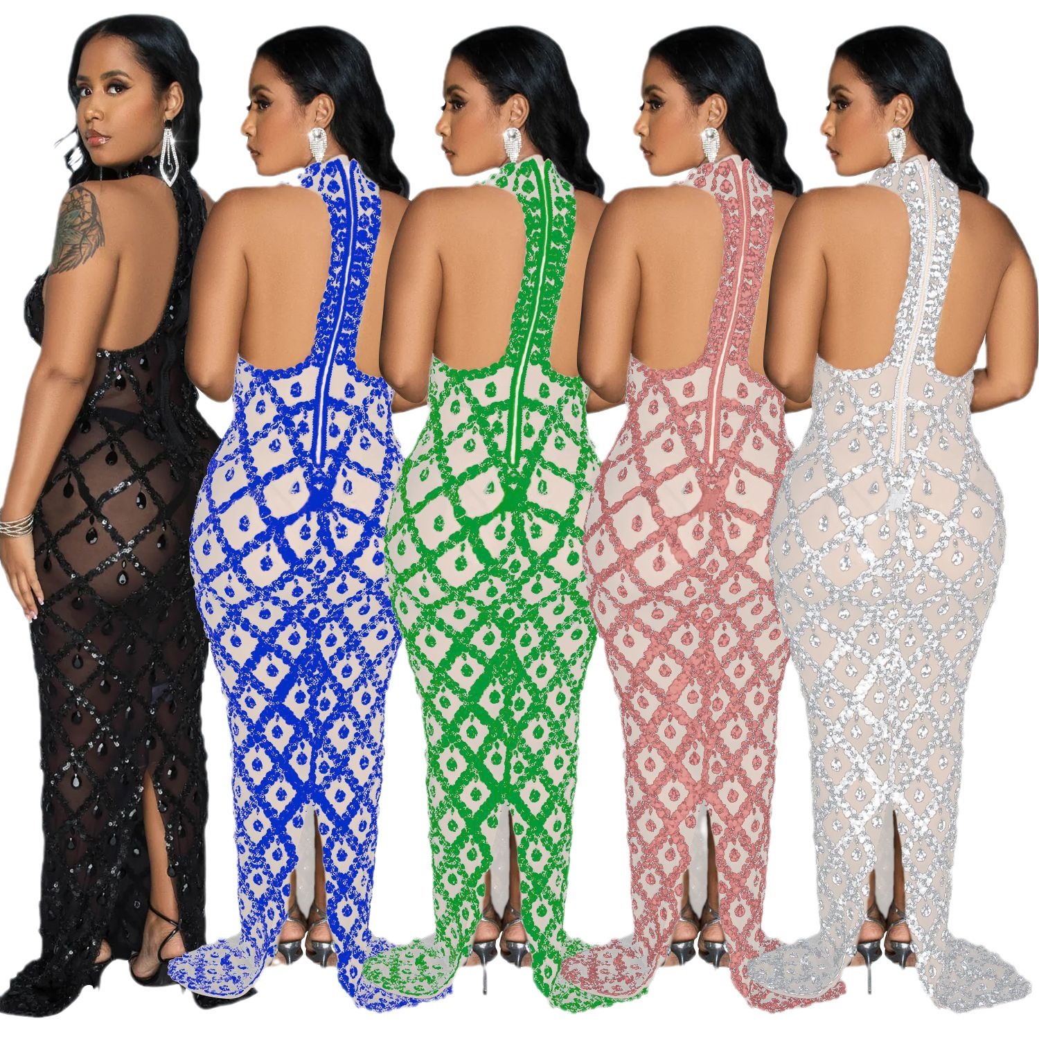 C6895 Aliexpress transfronterizo Amazon Europa y América de moda de mujer de color sólido esquinilla cuello colgante vestido de espalda larga