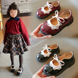 Girls' Lace Leather Shoes 2022 Autumn Korean Style Bow Princess Soft Sole Shoes Baby Sweet Style Dance Shoes