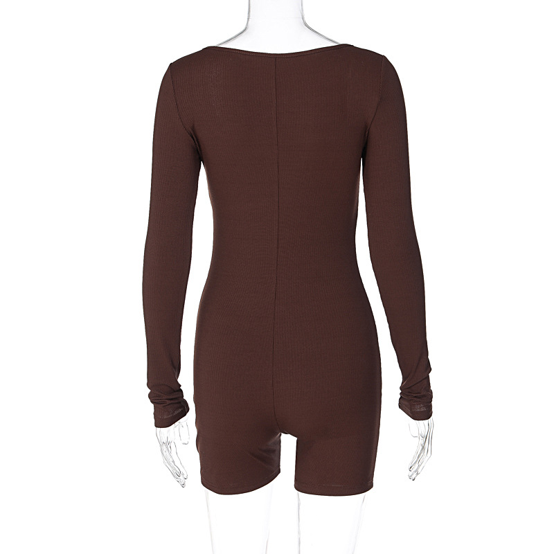 Women Clothing Autumn Solid Color Slim U Neck Long Sleeved Jumpsuit