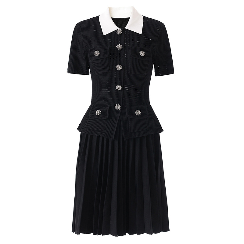 Nanyou High-Quality Color-Blocked Lapel Dress with Rhinestone Buttons, Light Luxury Faux Two-Piece Mid-Length Slim-Fit Knit Dress, Popular in Europe and America
