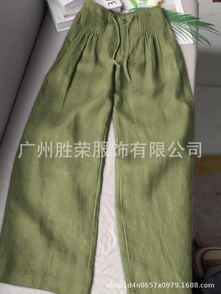 现货新款跨境外贸欧美女装时尚气质休闲纯色百搭抽绳纽扣直筒长裤