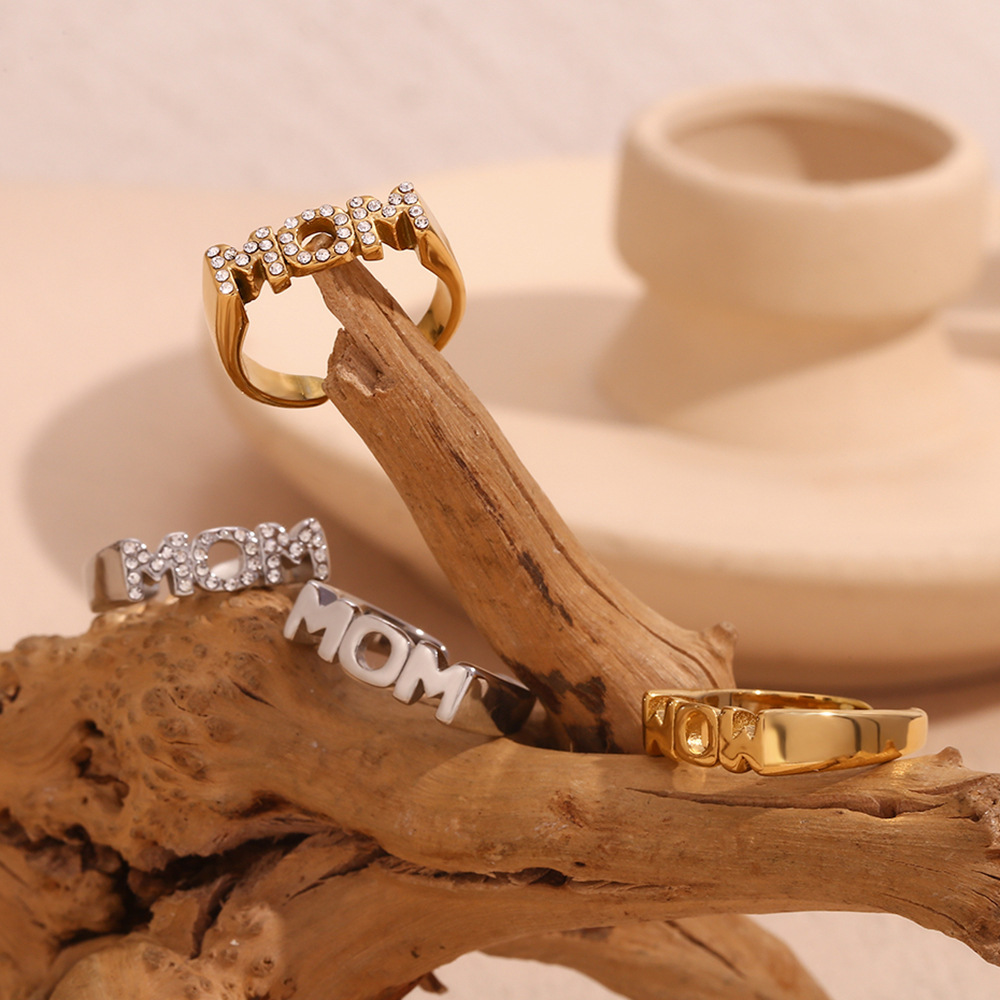 Zircon Inlaid Mom Stainless Steel Open Ring